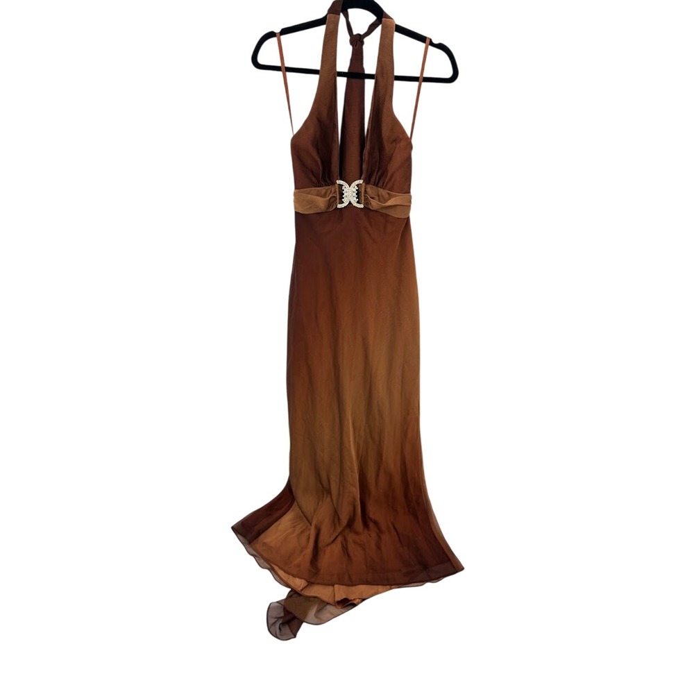 Cache Vintage Brown Ombre Halter Maxi Dress Rhinestone Butterfly Size 8 3271